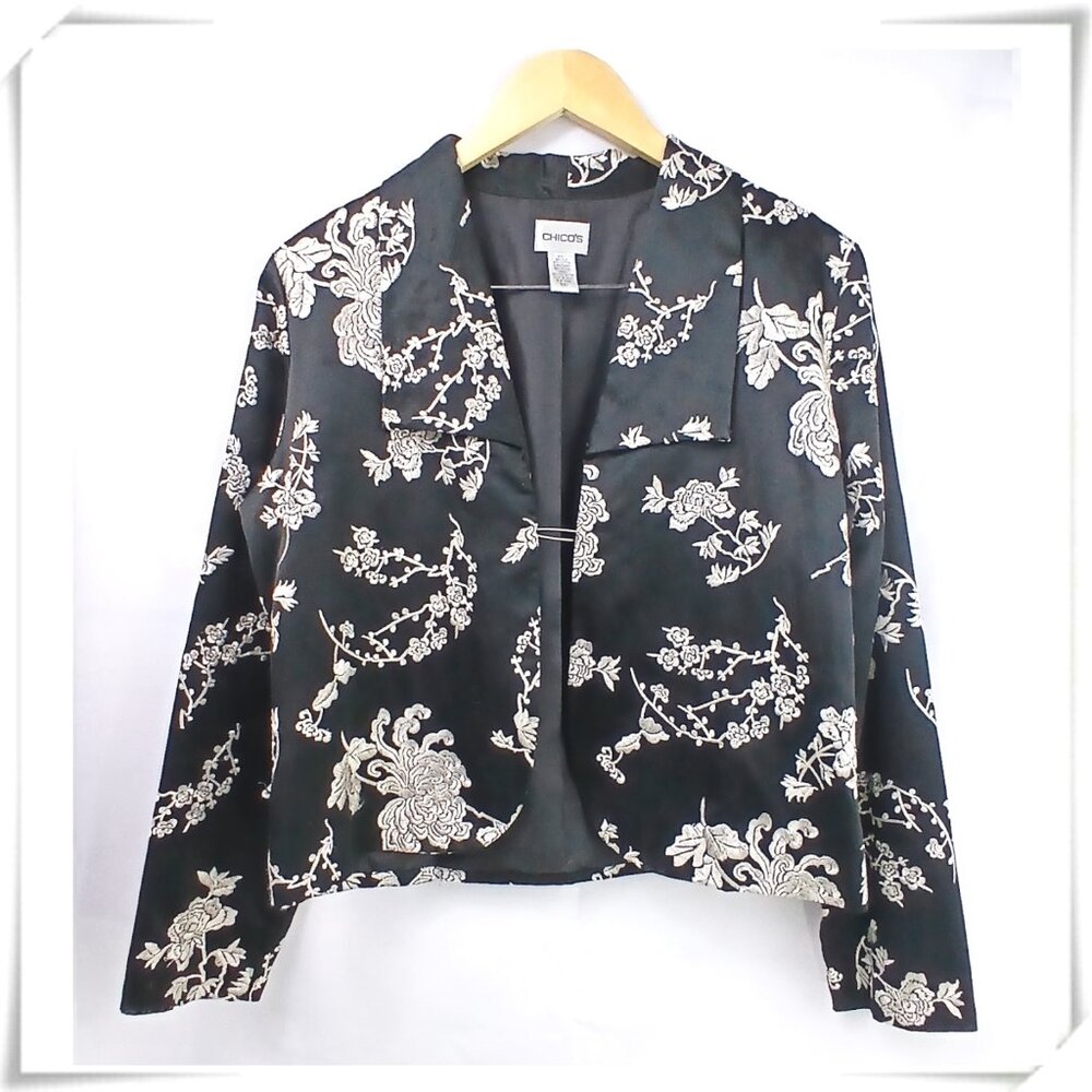 Chico's Black Silk Short Cropped Embroidered Floral Open Front Blazer Jacket EUC